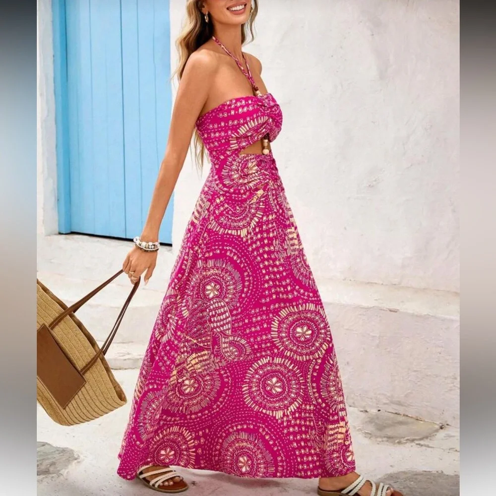 Elegant Boho Pink Cutout Bead Halter Maxi Dress - Picture 5 of 7